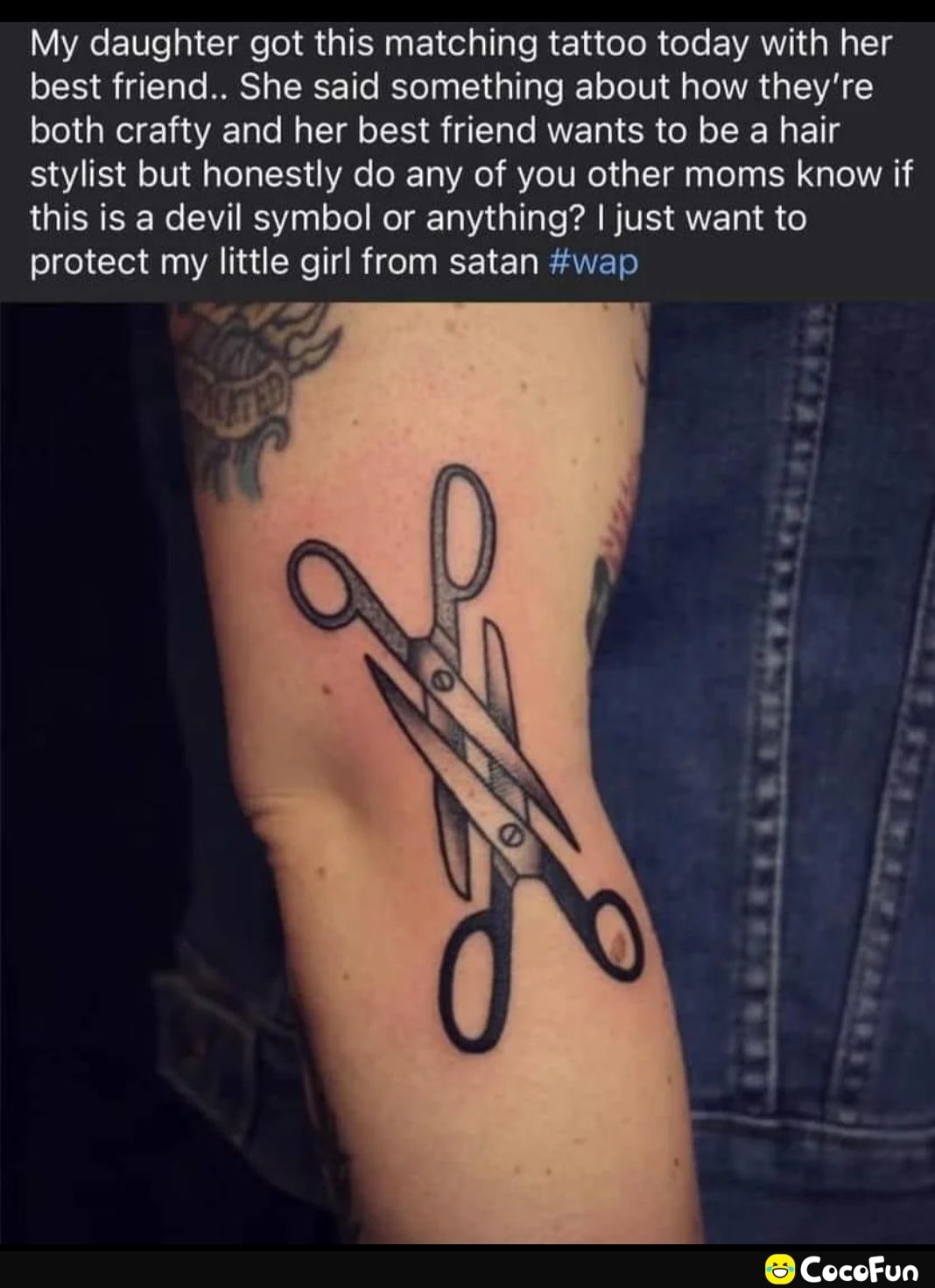 My daughter got this matching tattoo today with her best friend She said something about how theyre both crafty and her best friend wants to be a hair stylist but honestly do any of you other moms know if this is a devil symbol or anything just want to protect my little girl from satan wap CocoFun