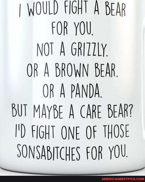 WOULD FIGHT A BEAR FOR YOU NOT A GRITZLY OR A BROWN BEAR OR A PANDA BUT MAYBE A CARE BEART I FIGHT ONE OF THOSE SONSABITCHES FOR YOU L