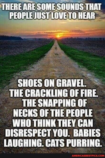 THERE ARESOMESOUNDS THAT rmmumvfgn 20 SHOES ON GRAVEL THE CRACKLING OF FIRE THE SNAPPING OF NECKS OF THE PEOPLE WHO THINK THEY GAN DISRESPECT YOU BABIES LAUGHING CATS PURRING