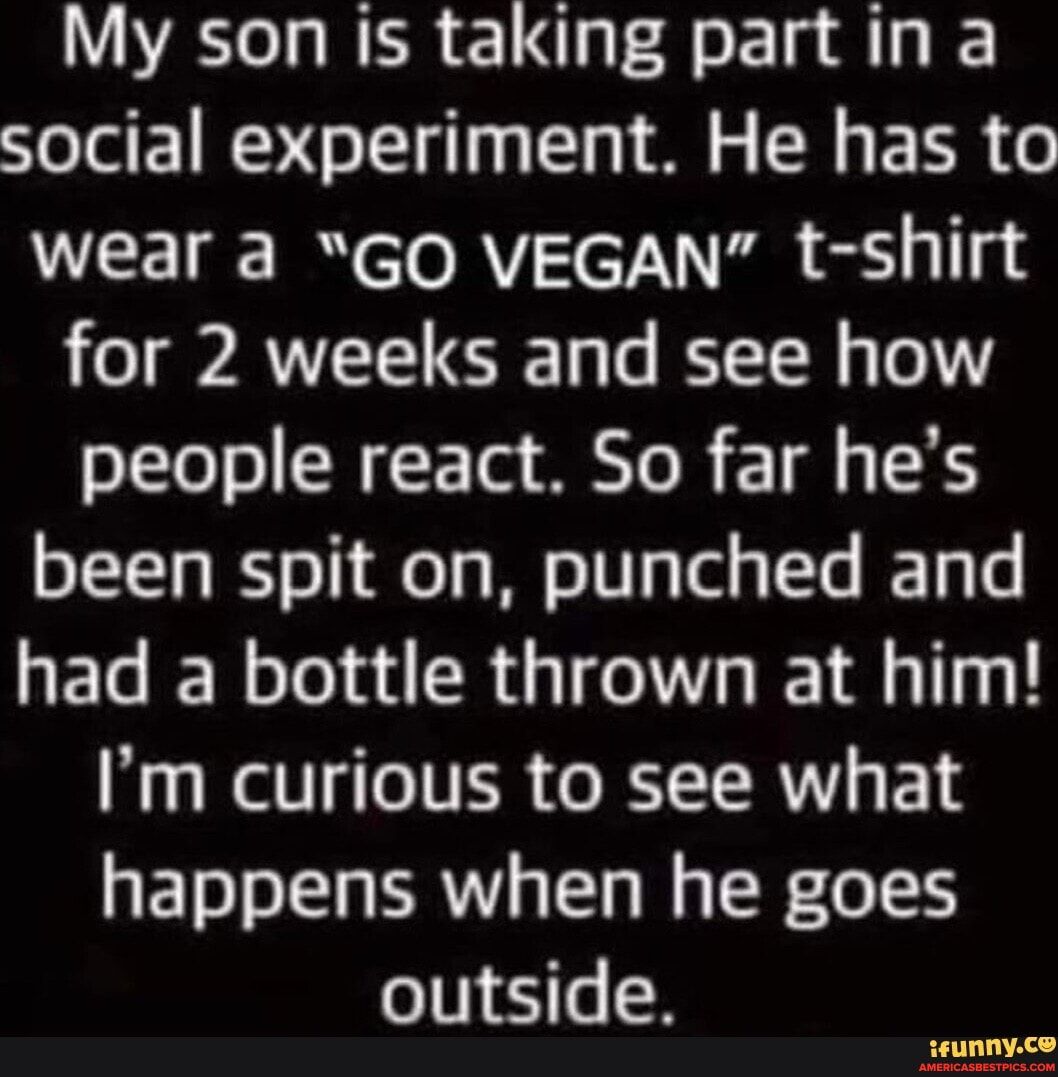 My son is taking part in a social experiment He has to wear a GO VEGAN t shirt for 2 weeks and see how aLten ENOE Tt Yo R 1l 1 58 been spit on punched and had a bottle thrown at him N W1 e INER o R TRY F 14 happens when he goes outside teunnyco