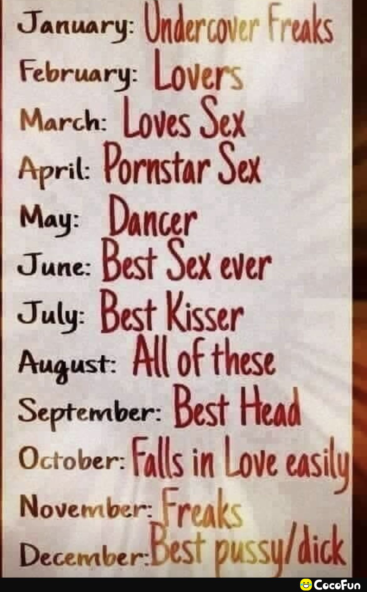 January lhuwwr ub February LOVCS March Lovcs SCX April POMSW SCX May Dancer June Bf SCX ever July Best Kisser Pugust All of these September Bcsf M
