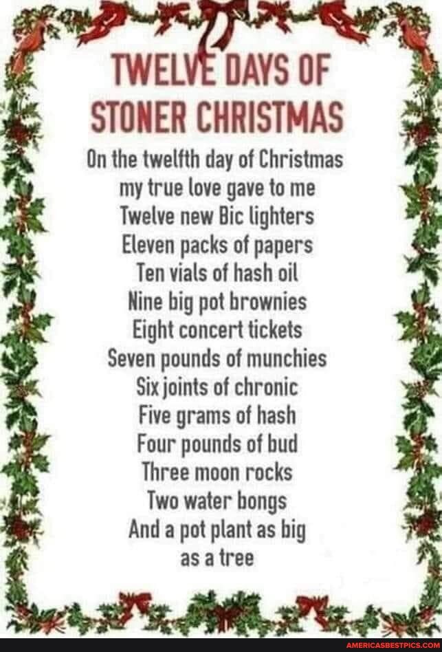 TWELE DAYS OF STONER CHRISTMAS 2 On the twelfth day of Christmas my true love gave to me Twelve new Bic lighters Eleven packs of papers Ten vials of hash oil Nine big pot brownies Eight concert tickets Seven pounds of munchies Six joints of chronic Five grams of hash Four pounds of bud Three moon rocks Two water hongs And a pot plant as hig asatree
