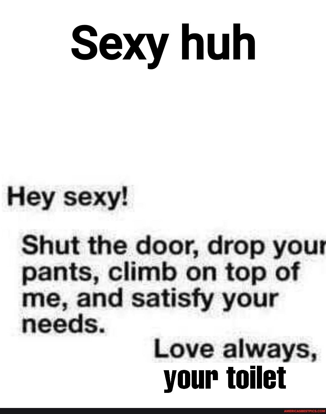 Sexy huh Hey sexy Shut the door drop your pants climb on top of me and satisfy your needs Love always your toilet