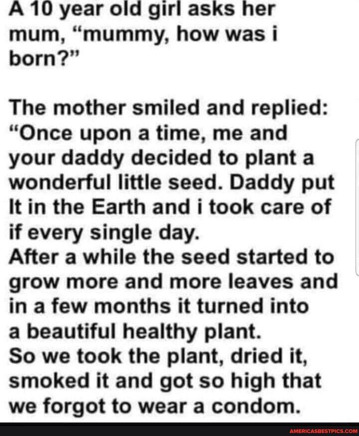 A 10 year old girl asks her mum mummy how was i born The mother smiled and replied Once upon a time me and your daddy decided to plant a wonderful little seed Daddy put It in the Earth and i took care of if every single day After a while the seed started to grow more and more leaves and in a few months it turned into a beautiful healthy plant So we took the plant dried it smoked it and got so high