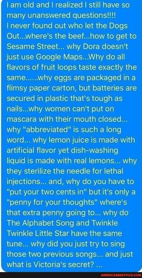 Iam old and realized still have so LUERATERWEI TR el S I never found out who let the Dogs Outwheres the beefhow to get to JVE VEEReleoTe SRV ET ISR oI EVTE IRl R ER CEC AL samewhy eggs are packagedina flimsy paper carton but batteries are secured in plastic thats tough as nailswhy women cant put on why abbreviated is such a long word why lemon juice is made with artificial flavor yet dish washing 