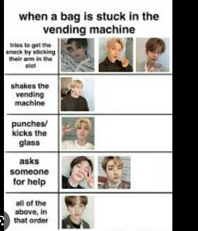 when a bag is stuck in the vending machine biea 10 get e Y snack by sticaing thai arm in the 113 3 Y P shakes the vending machine punches kicks the glass asks someone for help all of the above in that order