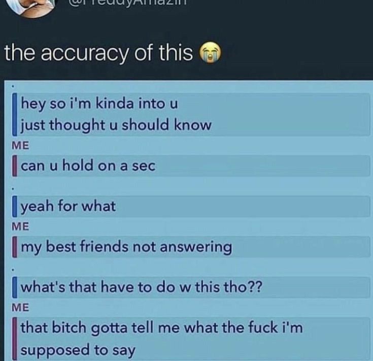 the accuracy of this hey so im kinda into u just thought u should know ME can u hold on a sec yeah for what E my best friends not answering whats that have to do w this tho ME that bitch gotta tell me what the fuck im supposed to say