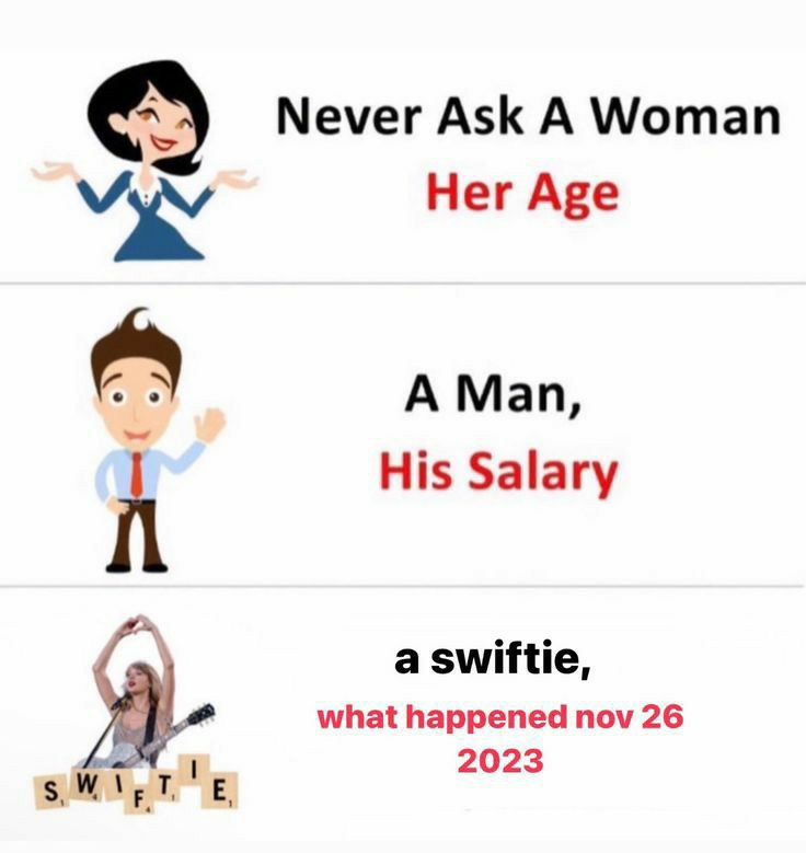 Q Never Ask A Woman Ix Her Age A Man i His Salary a swiftie what happened nov 26 2023