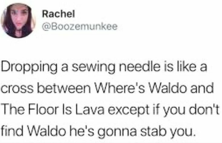Rachel Boozemunkee Dropping a sewing needle is like a cross between Wheres Waldo and The Floor Is Lava except if you dont find Waldo hes gonna stab you