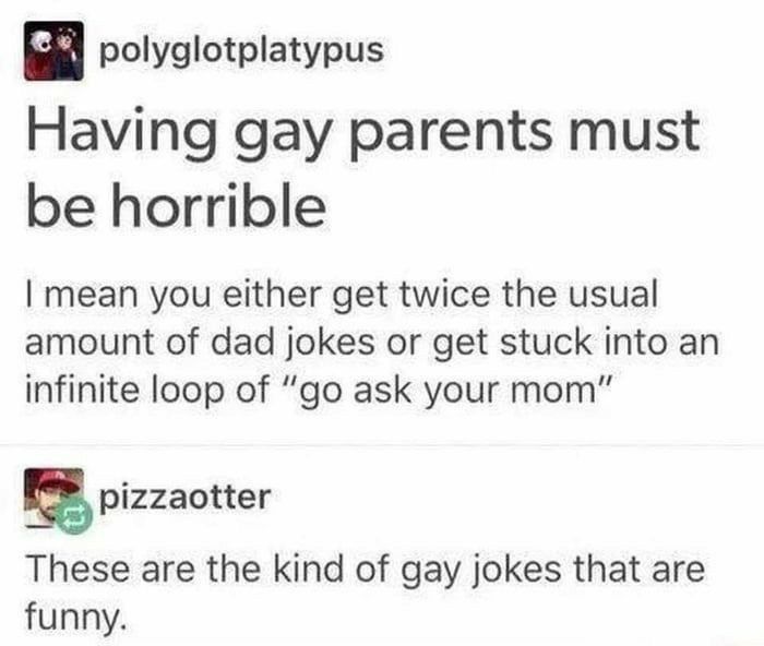 n polyglotplatypus Having gay parents must be horrible mean you either get twice the usual amount of dad jokes or get stuck into an infinite loop of go ask your mom gpizzaotter These are the kind of gay jokes that are funny