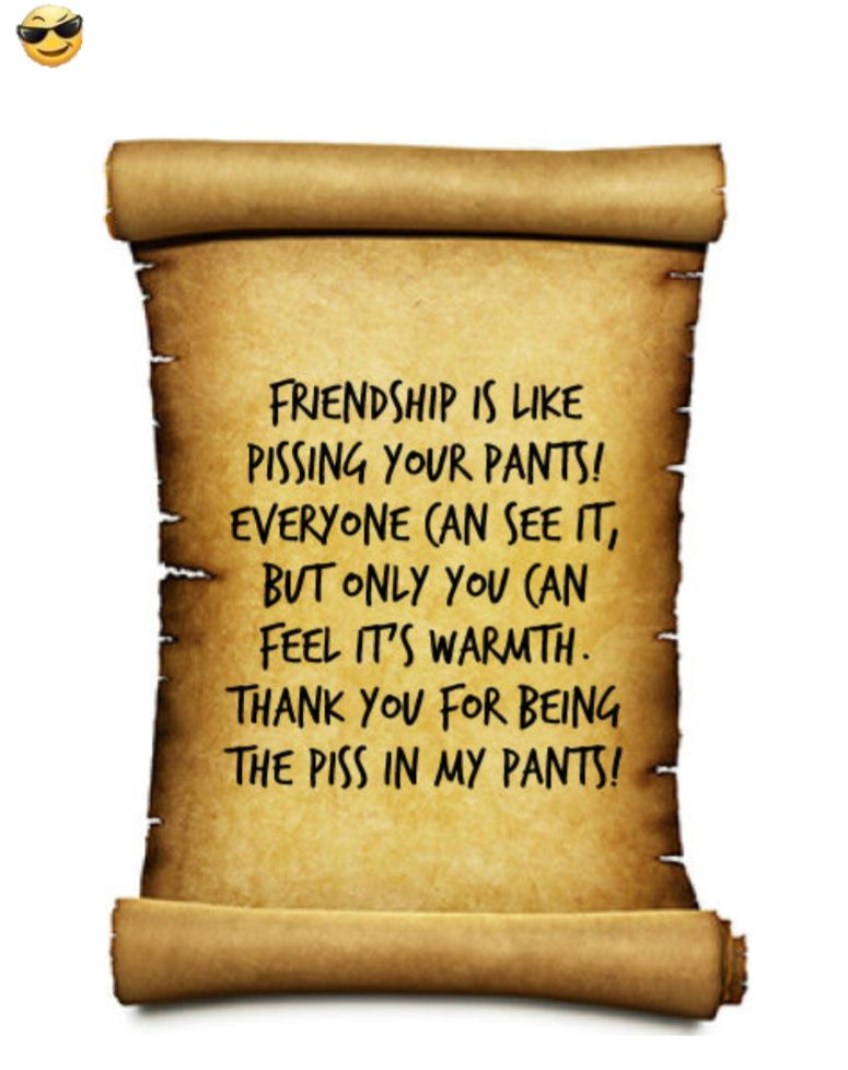 FRIENDSHIP IS LIKE PISSING YoUR PANTS EVERYONE AN SEE IT BUT oNLY You AN FEEL S WARMTH THANK YoU FoR BEING THE PISS IN MY PANTS