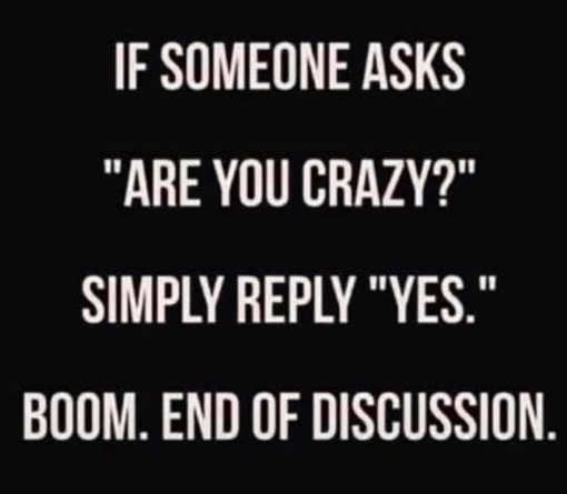 F SOMEONE ASKS ARE YOU CRAZY SIMPLY REPLY YES BOOM END OF DISCUSSION
