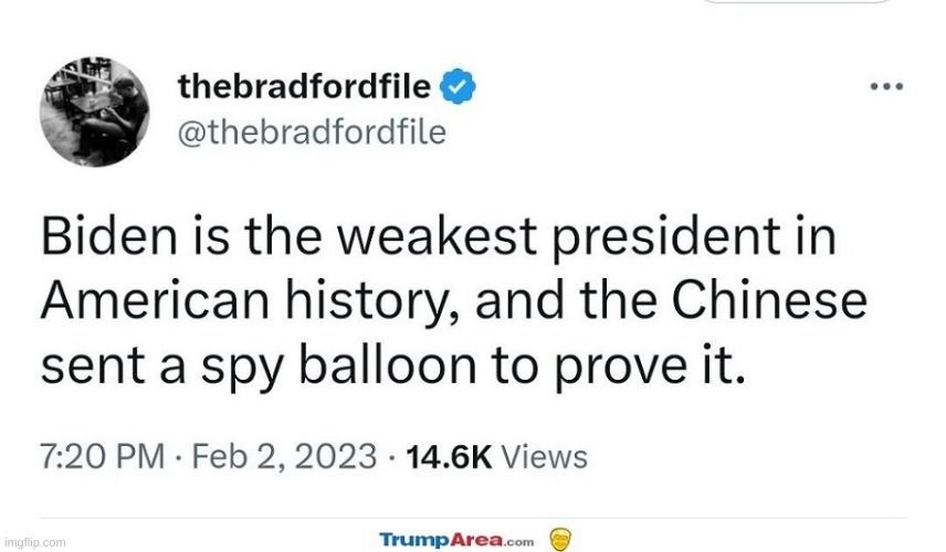 thebradfordfile thebradfordfile Biden is the weakest president in American history and the Chinese sent a spy balloon to prove it 720 PM Feb 2 2023 146K Views ittt