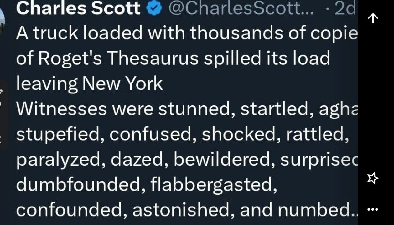 Charles Scott CharlesScott 2d A truck loaded with thousands of copie of Rogets Thesaurus spilled its load leaving New York Witnesses were stunned startled aghe stupefied confused shocked rattled SETE1 7o Mo EV2Te ML oTEIN FoTETe STV o1 1T dumbfounded flabbergasted oo 21 010 aTe Te MPY3 oY o 11 aYTo METoTo Mg 015 o1Yo MRS