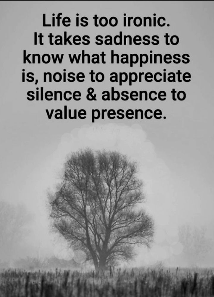 Life is too ironic It takes sadness to know what happiness is noise to appreciate silence absence to value presence
