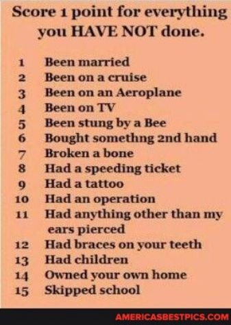 Score 1 point for everything Efoemuoumaw N vou HAVE NOT done Been married Been on a cruise Been on an Aeroplane Beenon TV Been stung by a Bee Bought somethng 2nd hand Broken a bone Had a speeding ticket Had a tattoo Had an operation Had anything other than my ears pierced Had braces on your teeth Had children Owned your own home Skipped school