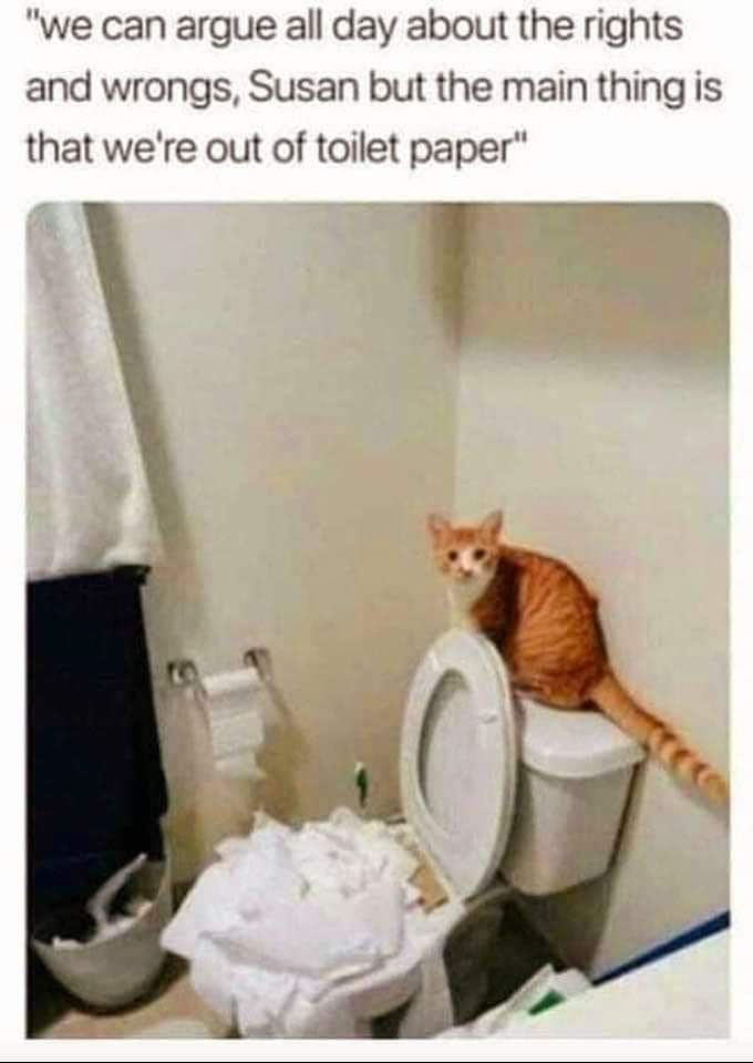 we can argue all day about the rights and wrongs Susan but the main thing is that were out of toilet paper