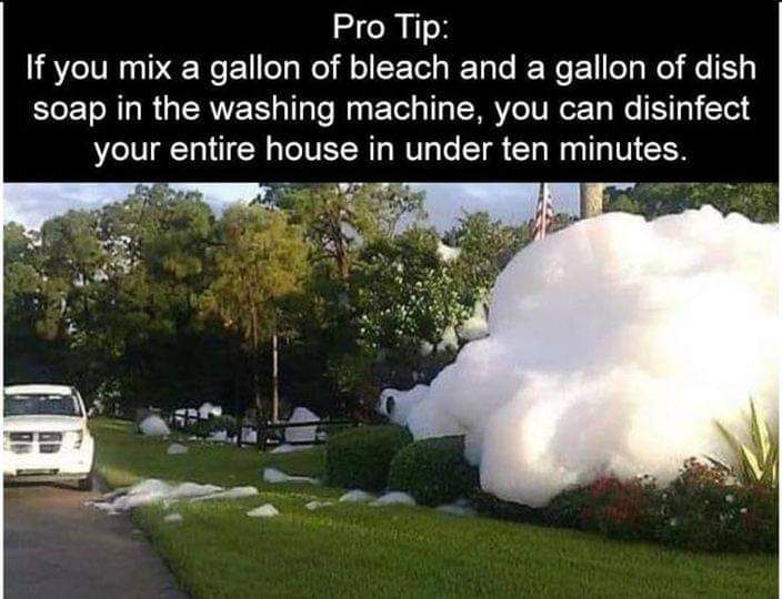Pro Tip If you mix a gallon of bleach and a gallon of dish ECET NG R GERVE R N ET YT Ne N o your entire house in under ten minutes