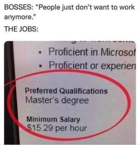 BOSSES People just dont want to work anymore THE JOBS DR Proficient in Mlcrosot Proficient or experien Preferred Qualifications Masters degree Minimum Salary 1529 per hour