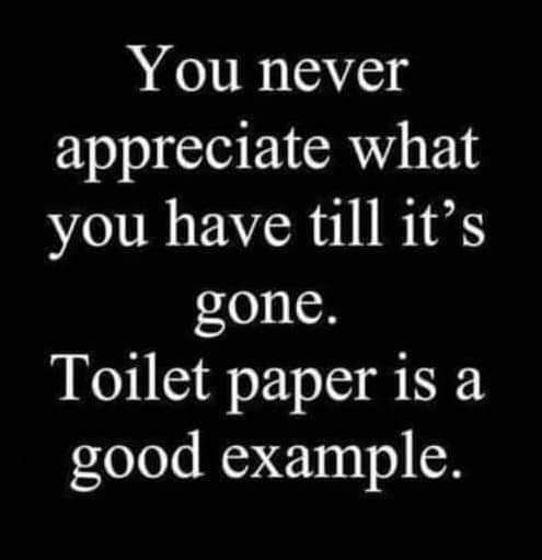 You never appreciate what you have till its gone Toilet paper is a good example