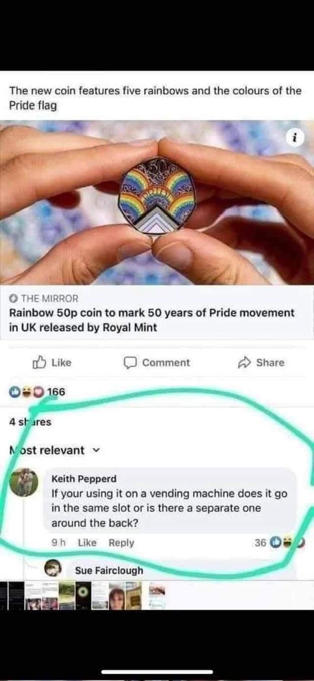 The new coin features five rainbows and the colours of the Pride flag Rainbow 50p coin to mark 50 years of Pride movement in UK released by Royal Mint st relevant v Keith Pepperd If your using it on a vending machine does it go in the same slot or is there a separate one around the back Uike Reply o suerairciough