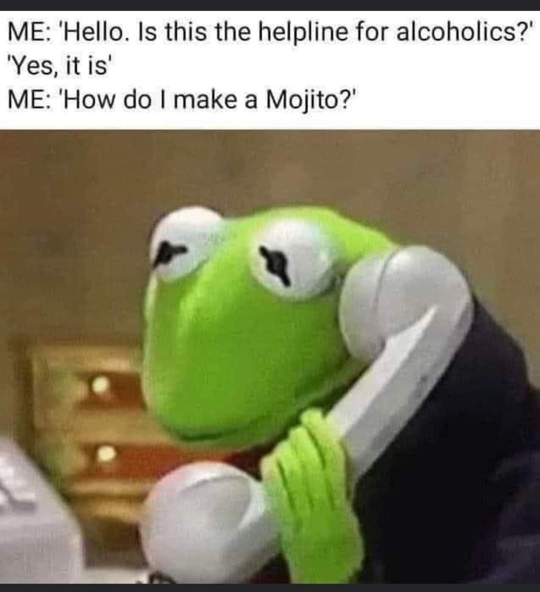 ME Hello Is this the helpline for alcoholics Yes it is ME How do make a Mojito