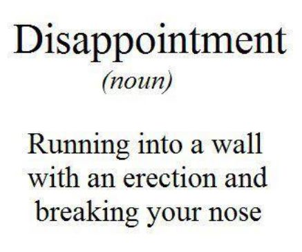 Disappointment noun Running into a wall with an erection and breaking your nose