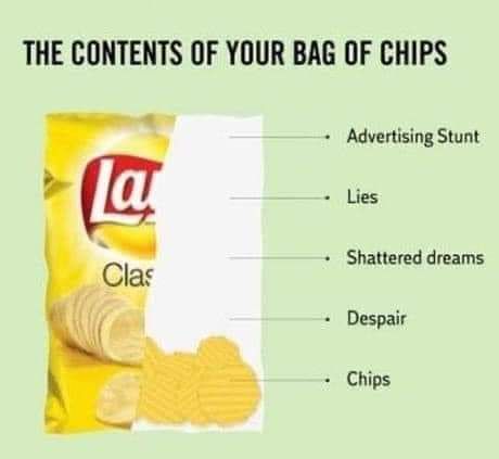 THE CONTENTS OF YOUR BAG OF CHIPS Advertising Stunt Lies Shattered dreams Despair Chips