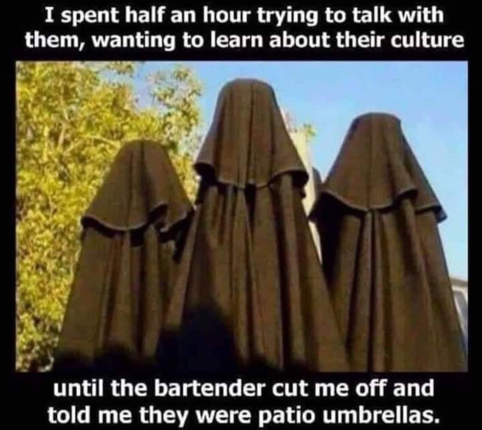 I spent half an hour trying to talk with them wanting to learn about their culture until the bartender cut me off and told me they were patio umbrellas