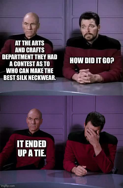 AT THE ARTS AND CRAFTS DEPARTMENT THEY HAD A CONTEST AS TO WHO CAN MAKE THE BEST SILK NECKWEAR. HOW DID IT GO? IT ENDED UP A TIE.