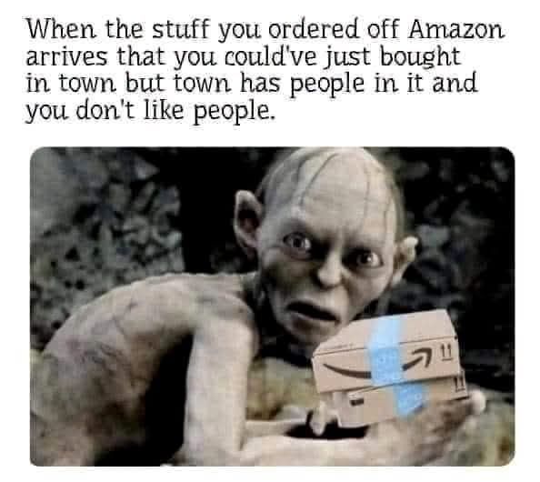 When the stuff you ordered off Amazon arrives that you could've just bought in town but town has people in it and you don't like people.