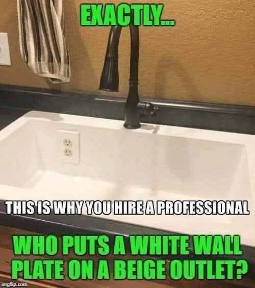 EXACTLY... THIS IS WHY YOU HIRE A PROFESSIONAL WHO PUTS A WHITE WALL PLATE ON A BEIGE OUTLET?
