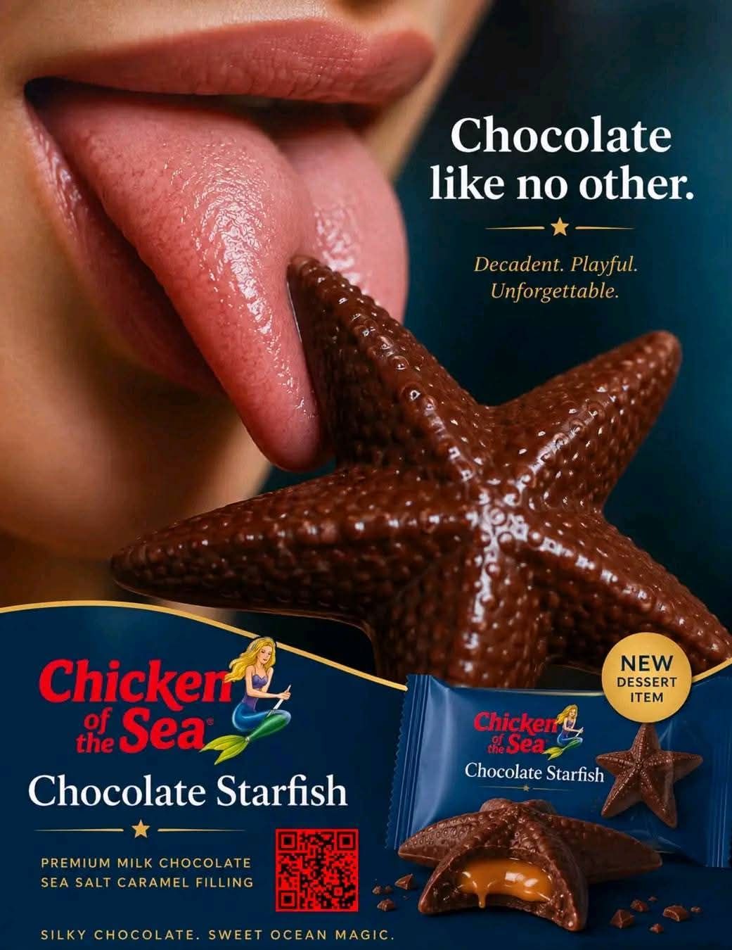Chocolate like no other. Decadent. Playful. Unforgettable. Chicken of the Sea. Chocolate Starfish. Premium Milk Chocolate Sea Salt Caramel Filling. Silky Chocolate. Sweet Ocean Magic. New Dessert Item.