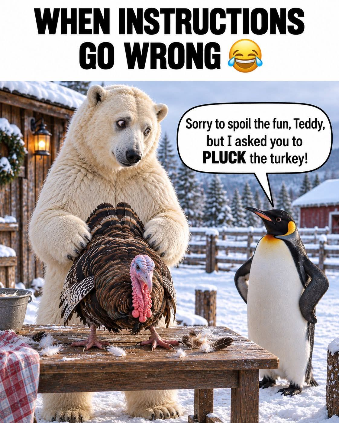 WHEN INSTRUCTIONS GO WRONG 😂 Sorry to spoil the fun, Teddy, but I asked you to PLUCK the turkey!