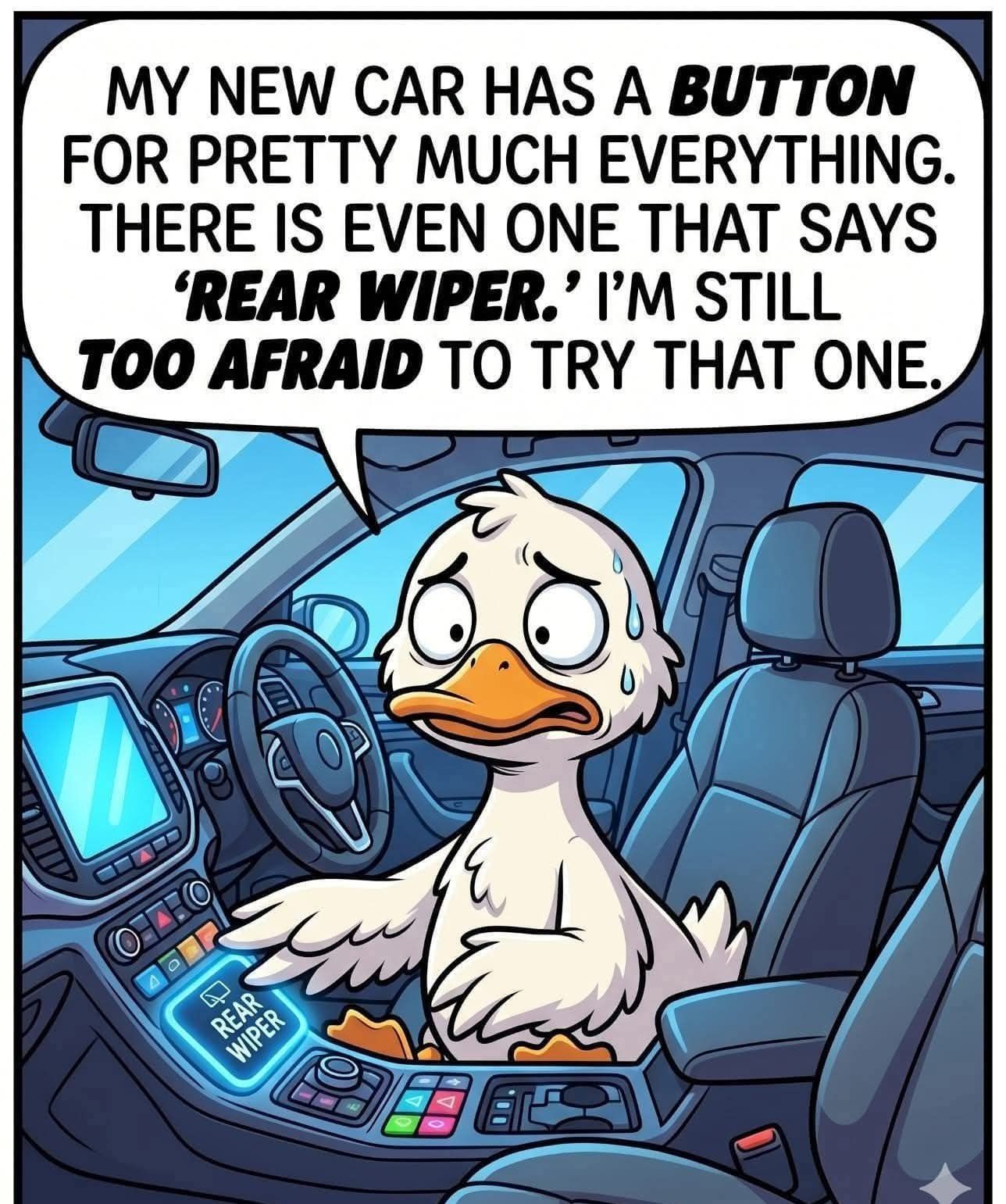 MY NEW CAR HAS A BUTTON FOR PRETTY MUCH EVERYTHING. THERE IS EVEN ONE THAT SAYS 'REAR WIPER.' I'M STILL TOO AFRAID TO TRY THAT ONE.