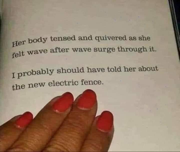 tor body tensed and quivered as she felt wave after wave surge through it obably should have told her about 1 pr th e new electric fence
