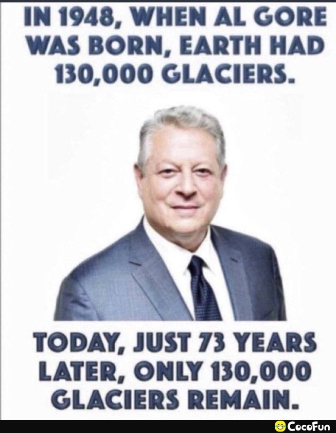 IN 1948 WHEN AL GORE WAS BORN EARTH HAD 130000 GLACIERS 3 o TODAY JUST 73 YEARS LATER ONLY 130000 GLACIERS REMAIN CocofFun