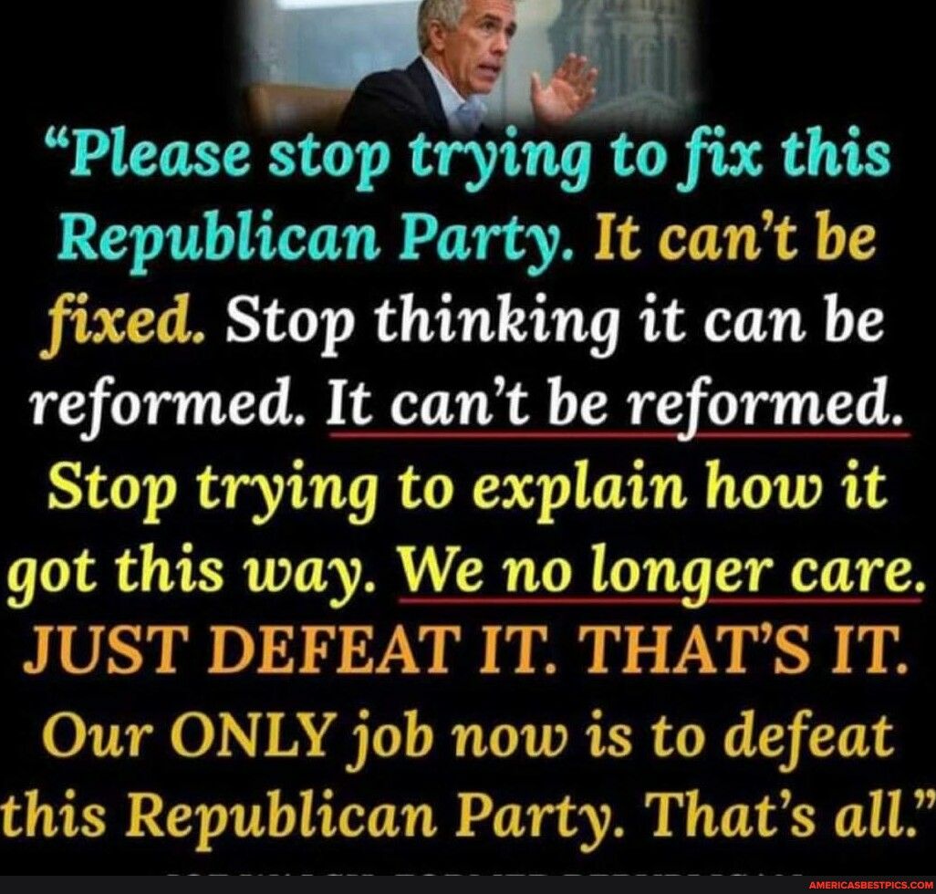 Please stop trying to fix this Republican Party It cant be fixed Stop thinking it can be reformed It cant be reformed Stop trying to explain how it got this way We no longer care JUST DEFEAT IT THATS IT Our ONLY job now is to defeat this Republican Party Thats all