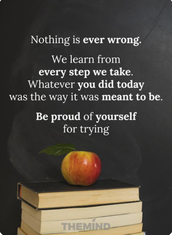 Nothing is ever wrong We learn from every step we take Whatever you did today was the way it was meant to be Be proud of yourself for trying