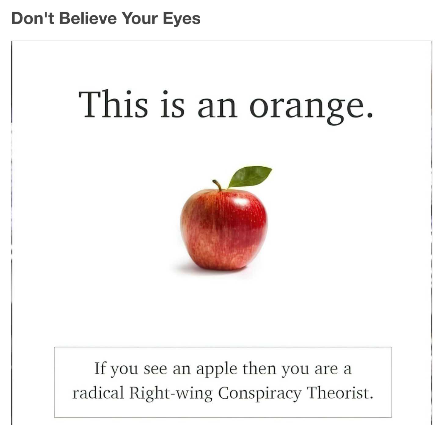 Dont Believe Your Eyes This is an orange If you see an apple then you are a radical Right wing Conspiracy Theorist