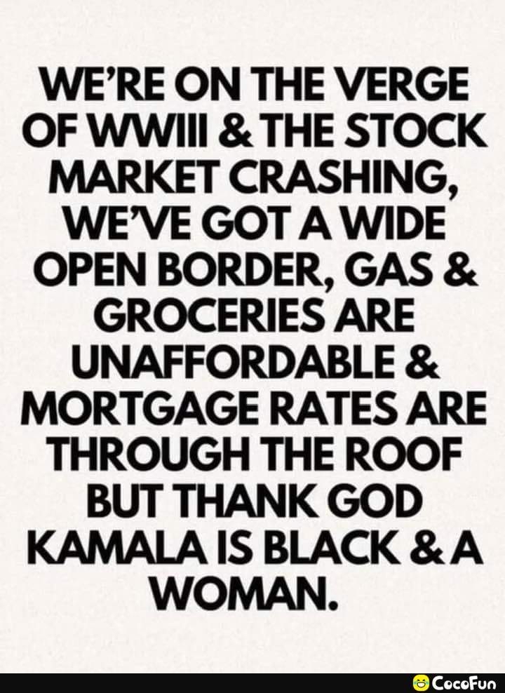 WERE ON THE VERGE OF WWIIl THE STOCK MARKET CRASHING WEVE GOT A WIDE OPEN BORDER GAS GROCERIES ARE UNAFFORDABLE MORTGAGE RATES ARE THROUGH THE ROOF BUT THANK GOD KAMALA IS BLACK A WOMAN
