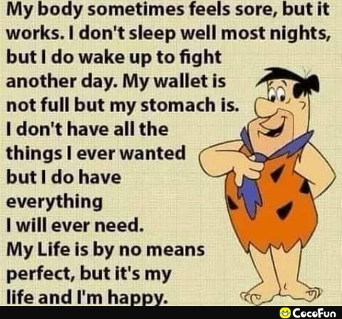My body sometimes feels sore but it works dont sleep well most nights but do wake up to fight another day My wallet is not full but my stomach is I dont have all the things ever wanted but do have v 4 everything Q P 1 will ever need My Life is by no means QJ perfect butits my life and Im haax