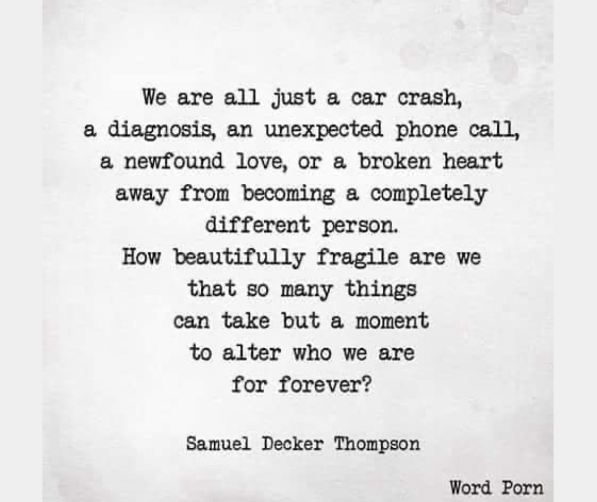 We are all just a car crash diagnosis an unexpected phone call a newfound love or a broken heart away from becoming a completely different person How beautifully fragile are we that so many things can take but a moment to alter who we are for forever Samuel Decker Thompson Word Porn