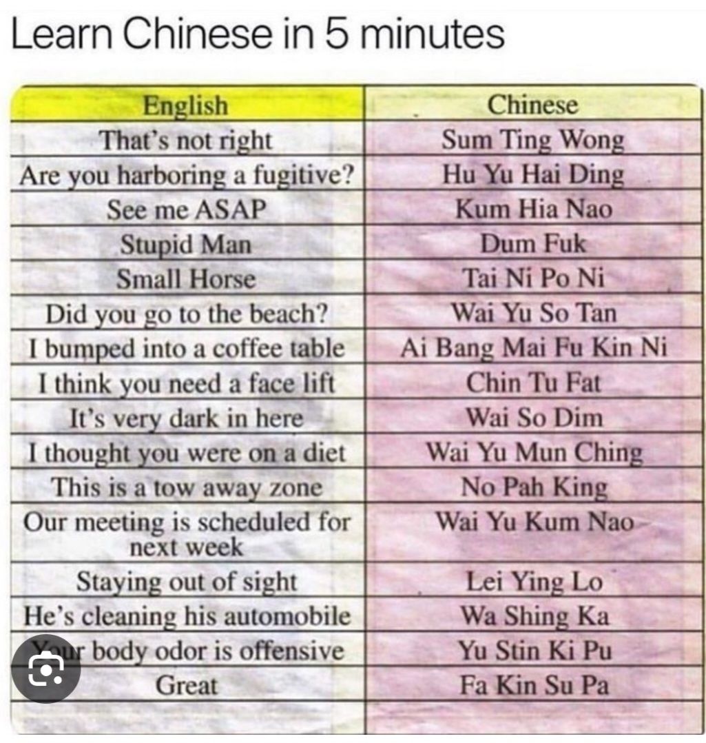 Learn Chinese in 5 minutes Chinese Thats not right Sum Ting Wong Are you harboring a fugitive See me ASAP Stupid Man Small Horse Did you o o the beach T bumped into a coffee table Ai Bang Mai Fu Kin Ni L think you need a face lift Chin Tu Fat Its very dark in here Wai So Dim T thou were ona diet Wai Yu Mun Ching_ This is a tow away zone No Pah King Gur meeting s scheduled for Wai Yo Kum Nao _ Stay