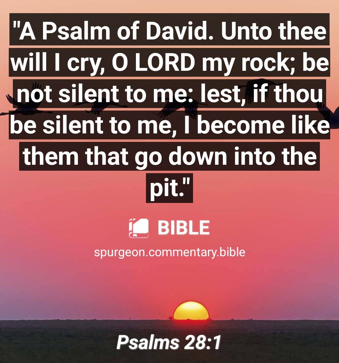 A Psalm of David Unto thee will cry O LORD my rock be not silent to me lest if thou dbe silent to me I become like them that go down into the pit if BIBLE spurgeoncommentarybible Psalms 281