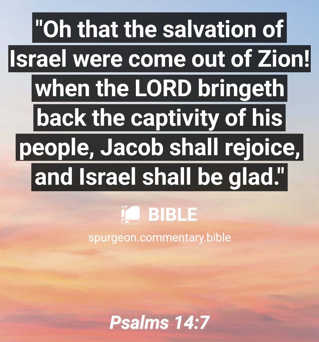 Oh that the salvation of srael were come out of Zion when the LORD bringeth back the captivity of his people Jacob shall rejoice ELCHE EEUE B Y ET