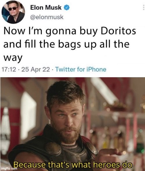 Elon Musk elonmusk Now Im gonna buy Doritos and fill the bags up all the way 1712 25 Apr22