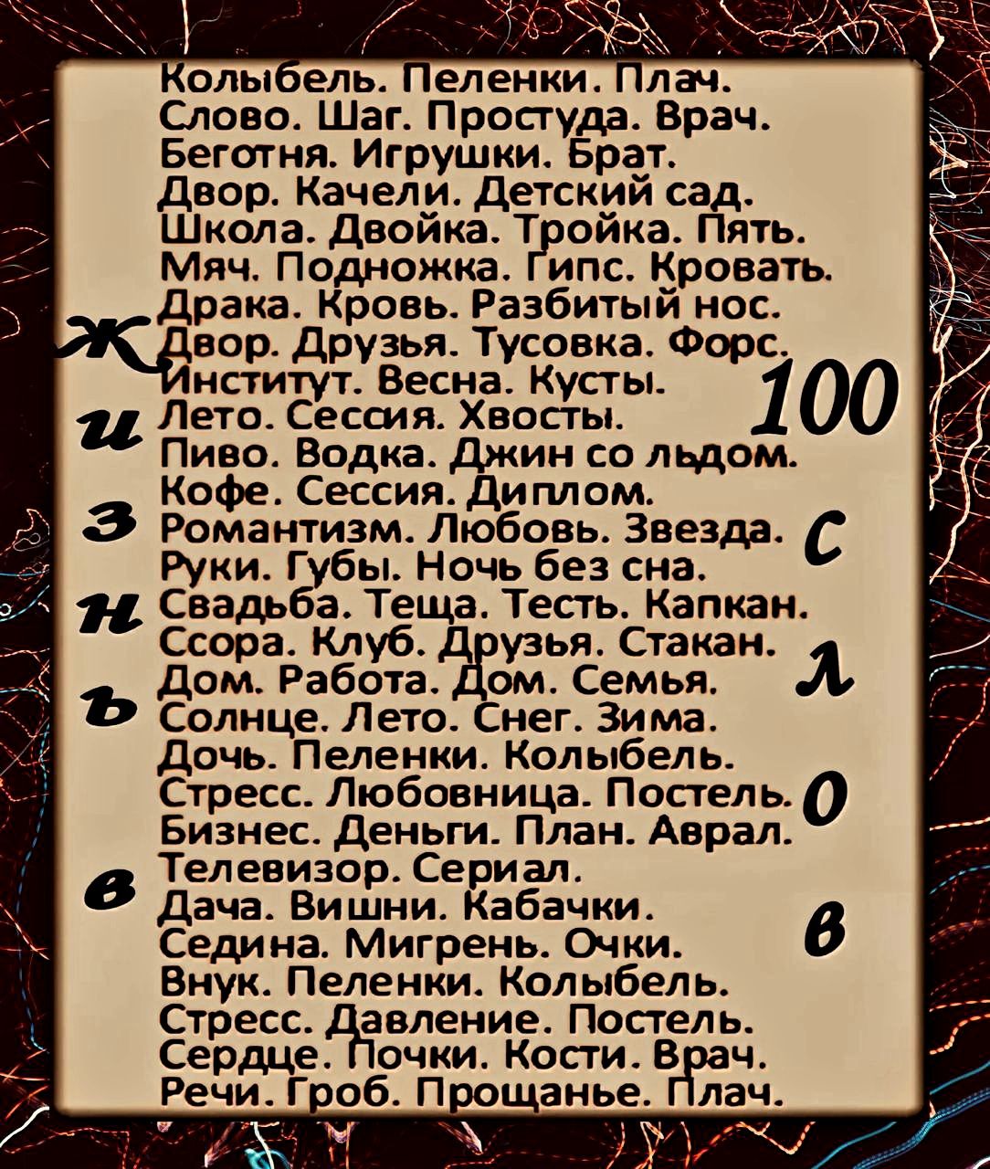 ММяч Подножка Гипс Кровать Драка Кровь Разбитый нос Двор Друзья Тусовка Форс нститут Весна Кусты 24 Лето Сессия Хвосты Пиво Водка Джин со льдом Кофе Сессия Диплом З Романтизм Любовь Звезда Руки Губы Ночь без сна ТЁ Свадьба Теща Тесть Капкан Ссора Клуб узья Стакан Дом Работа Дом Семья Л ъ Солнце Лето Снег Зима Дочь Пеленки Колыбель Стресс Любовница Постель Бизнес Деньги План Аврал в Телевизор Сериа