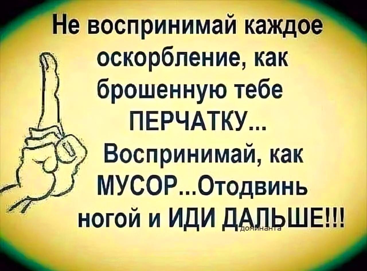 е воспринимай каждое оскорбление как брошенную тебе ПЕРЧАТКУ Воспринимай как МУСОРОтодвинь ногой и ИДИ ДАЛЬШЕ В