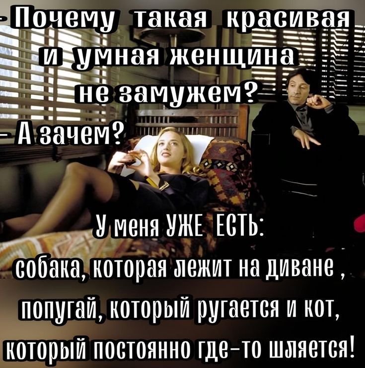 Почему такая красивая ивумная женщин Н 1 у _ЩДВНН УЖЕТЕСТЬ собакаукоторая лежит на диване попугай который ругается и кот И постоянно где то шаяется